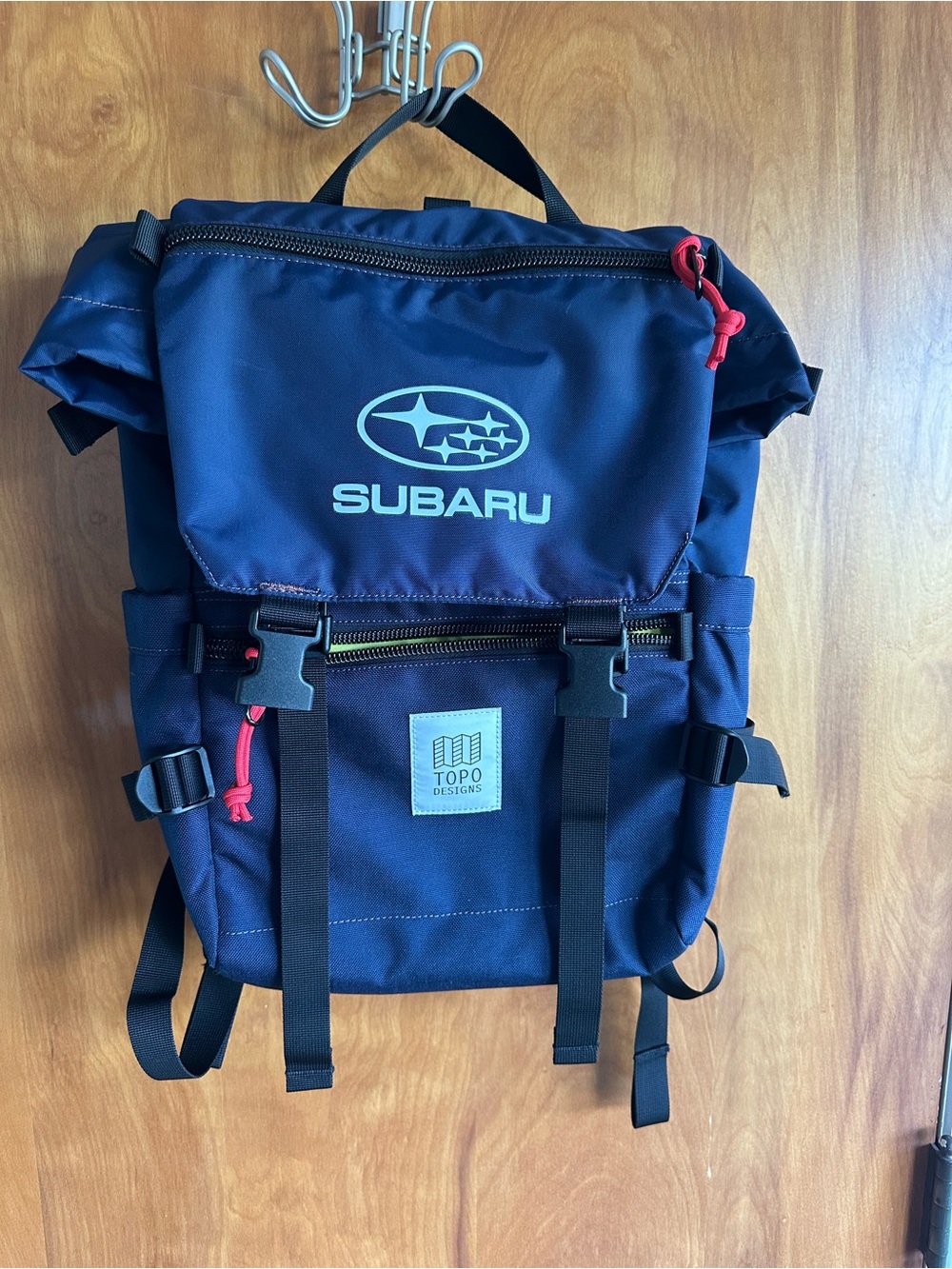 Topo Designs Navy Roll-Top Backpack with Subaru Logo